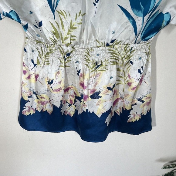 Yumi Kim Silk Floral Kimono Chinese Style Blouse Top Size S Blue White - Picture 5 of 8